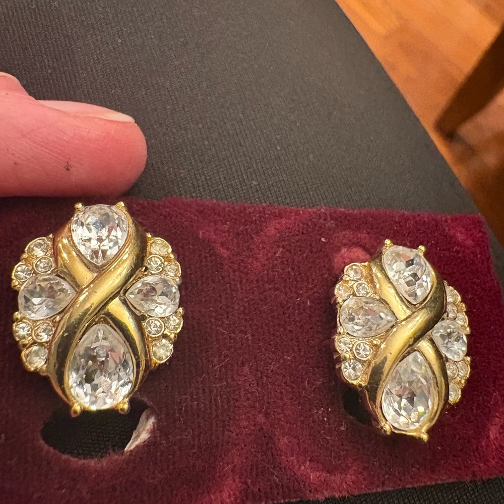 Trifari Gold and Silver Crystal Earrings vintage; clip on
